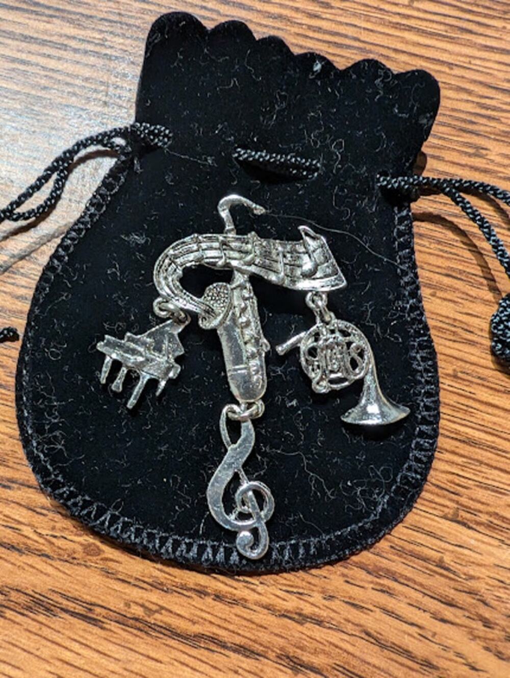 Vintage Silver Tone Dangling Musical Instruments Brooch Pin 2.5 inches long